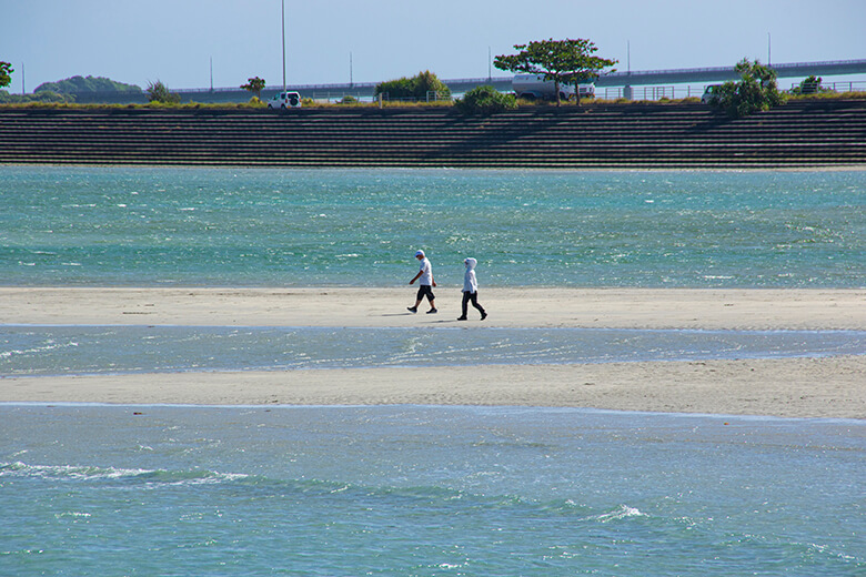 海中道路|干潟を歩く人々