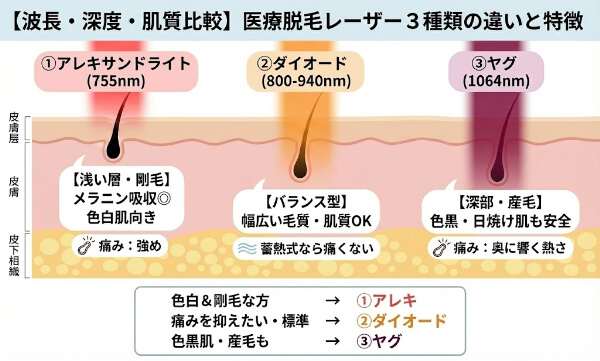 医療脱毛レーザー3種類の違いと特徴の説明をした画像