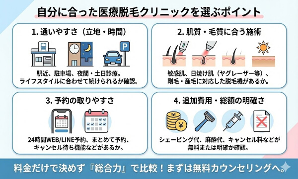 自分に合った医療脱毛クリニックを選ぶポイントを説明した画像